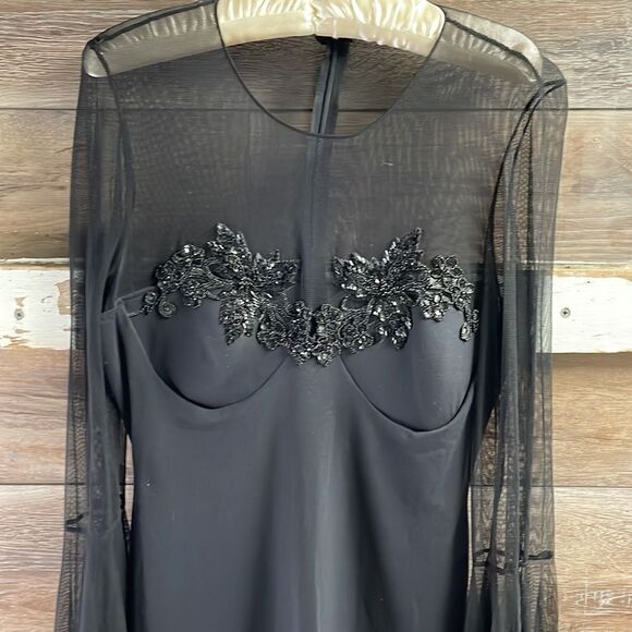 Ladies Black Goth Cocktail Dress, Vintage, Black, Sheer, Bell Sleeves - Picture 3 of 12